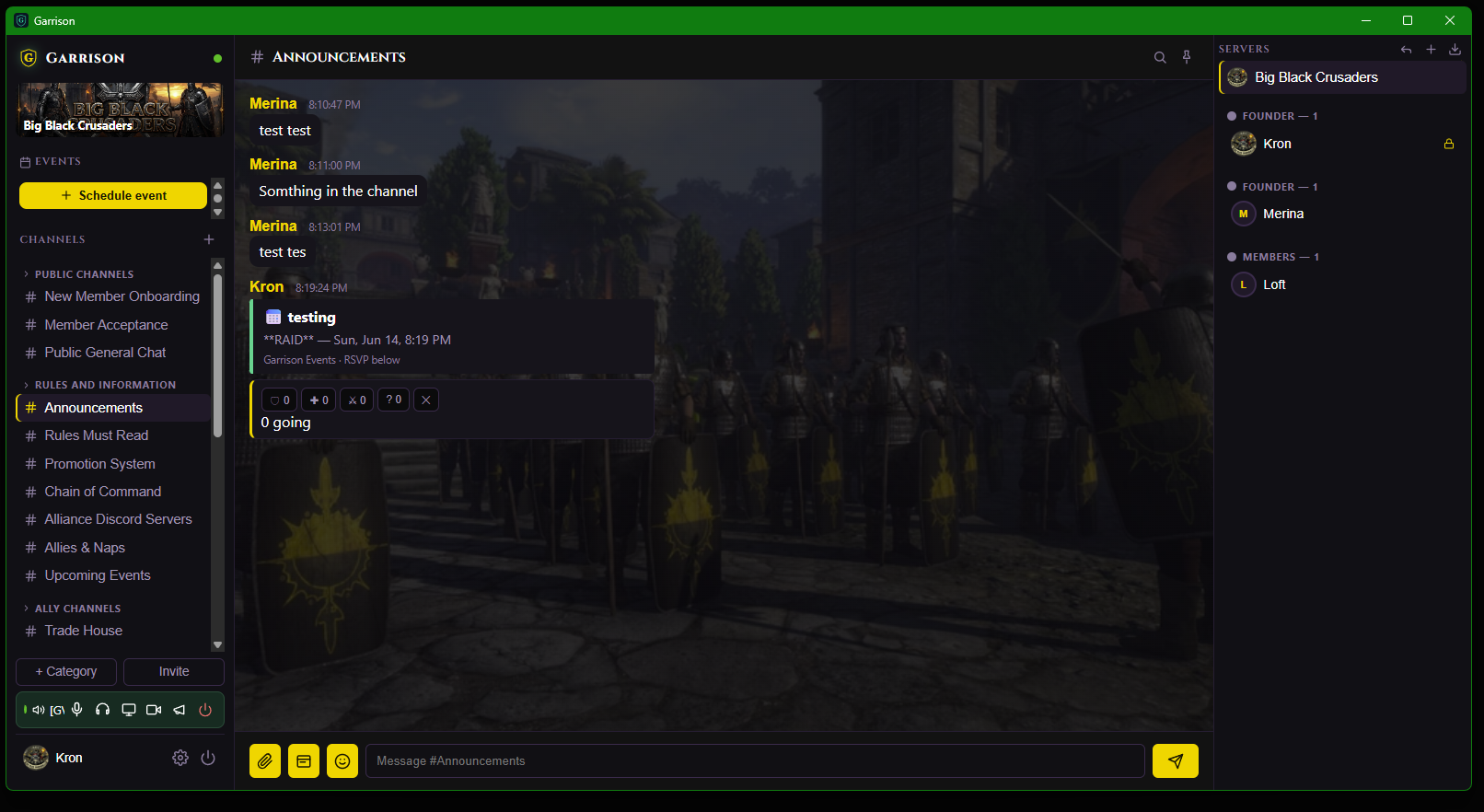Garrison channel list, chat, and member roster